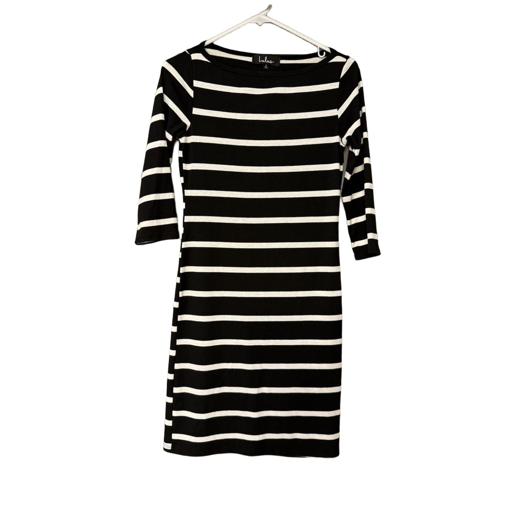 Lulus Black White Striped Boat Neck 3/4 Sleeve Bodycon Sheath Dress Small USA